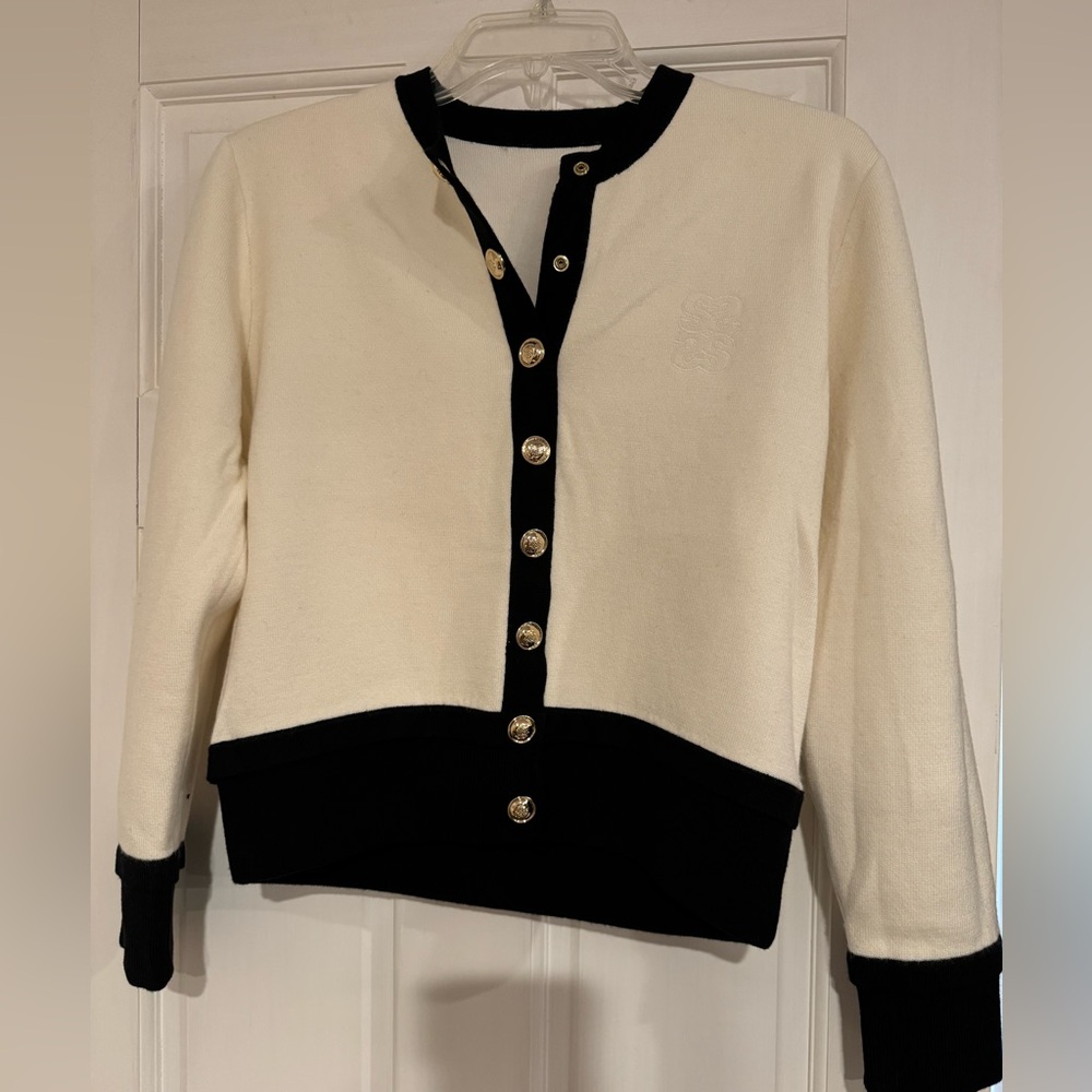 Sandro Cardigan | Contrast Trim | Preppy Sweater | French Designer | NWOT | $370 - Picture 7 of 12